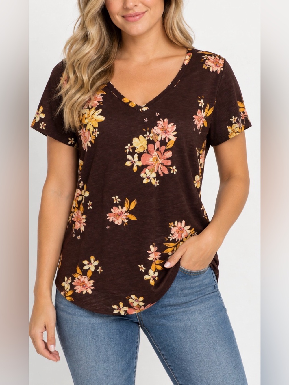 Sonoma Brown Top with Yellow Pink Floral Design Size Medium